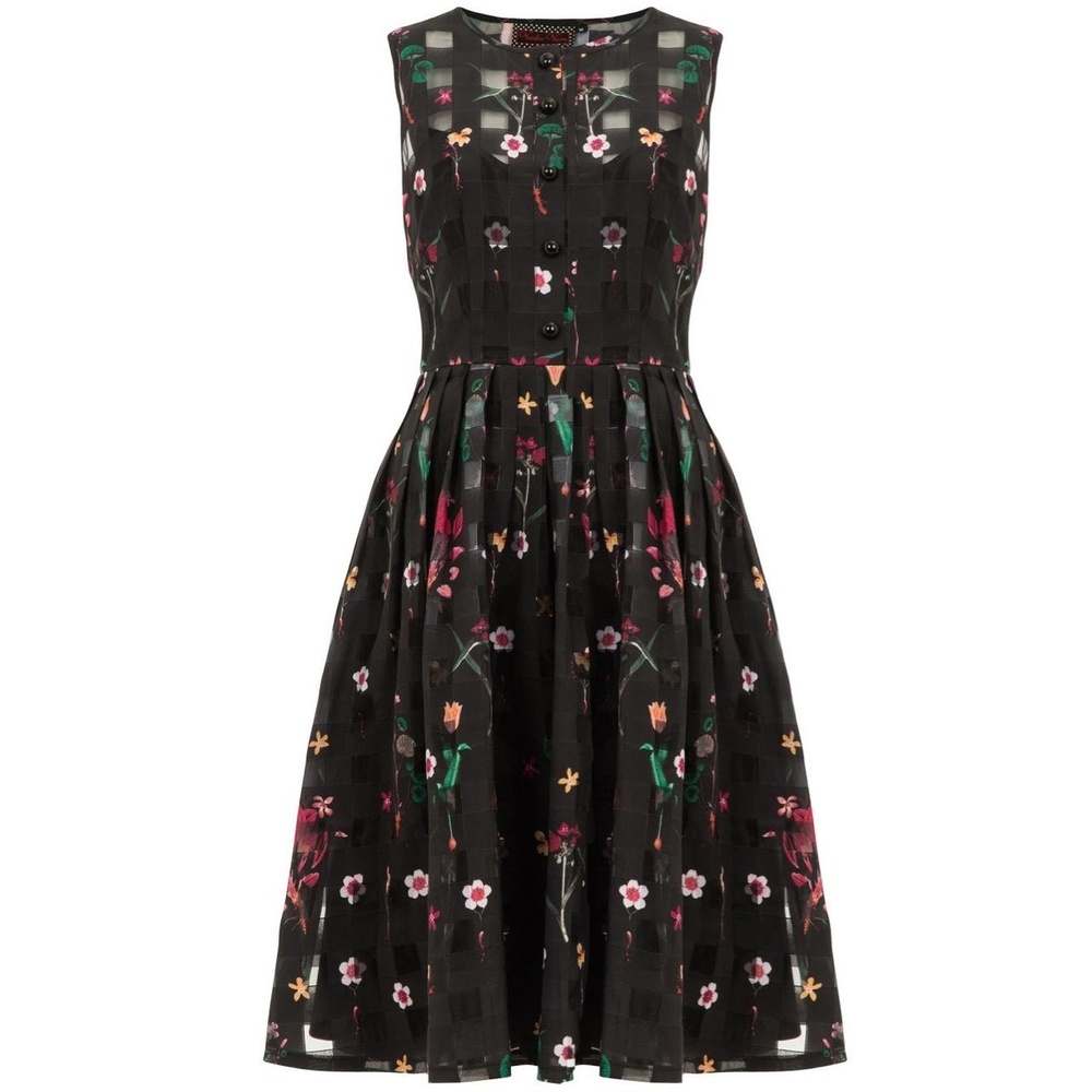 Black Floral Print Pleated Skirt Button Front Sleeveless Dress Large - Picture 7 of 16